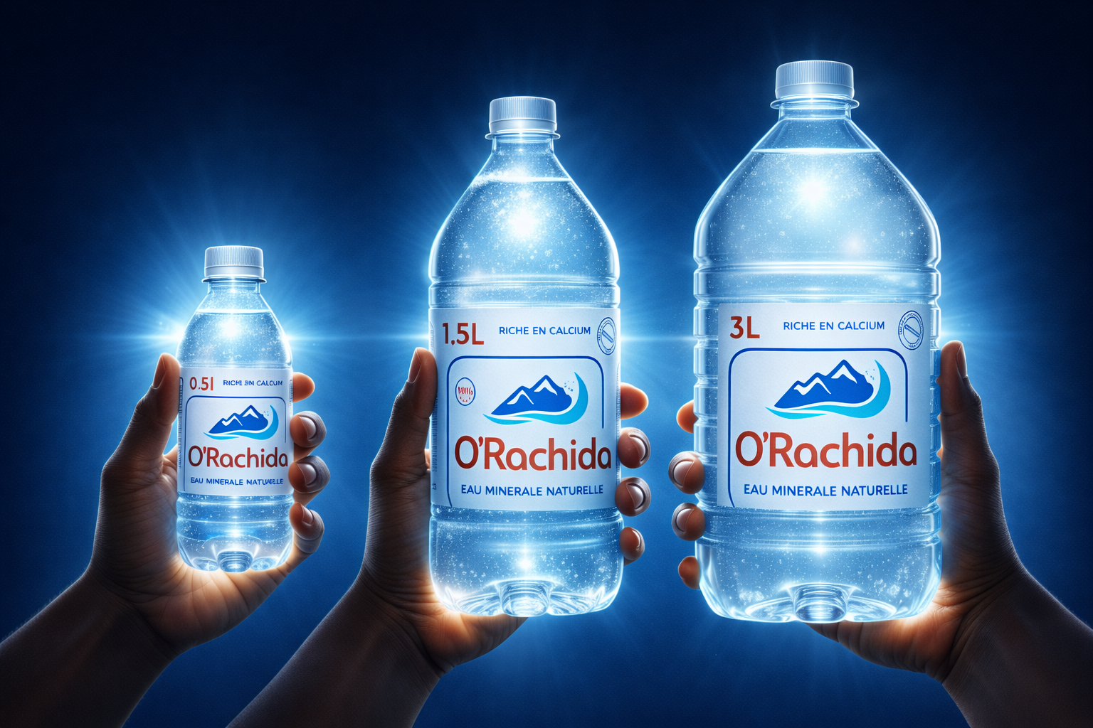 Gamme officielle O'Rachida — bouteilles 50 cl, 1,5 L et 3 L
